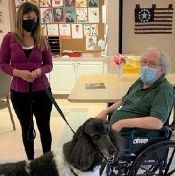 Senior in a wheelchair pets a dog