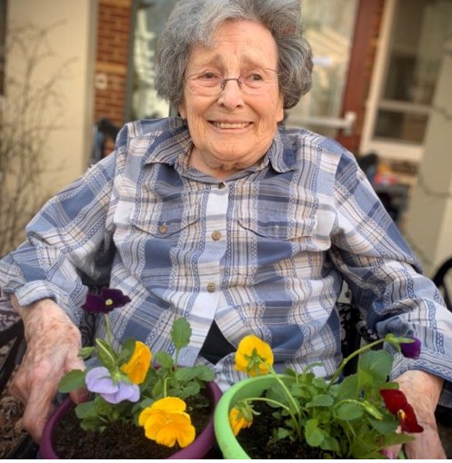 happy Senior woman in a wheelchair gardening